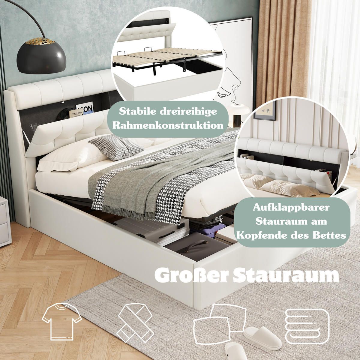 POLSTERBETT 180x200cm Weiß PU Mit Hydraulik & Verdecktem Stauraum - Weiß, Leder (180/200cm) - FLIEKS