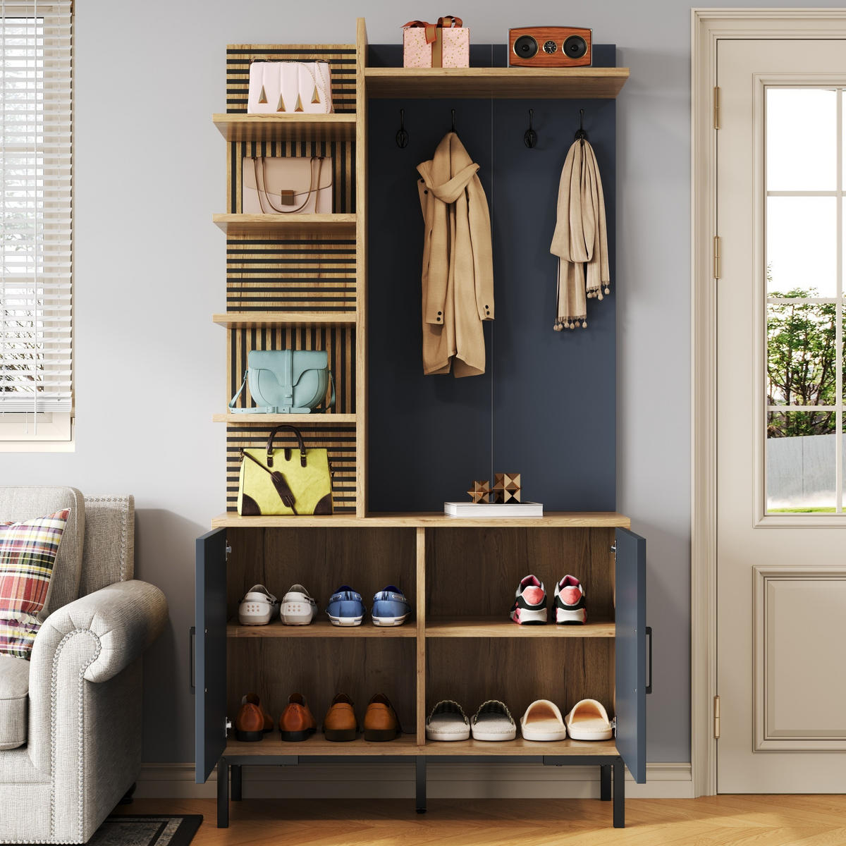 KLEIDERSCHRANK Schuhfach Regale Haken verstellbar modern - Naturfarben, Holzwerkstoff (40/190.05/100cm) - FLIEKS
