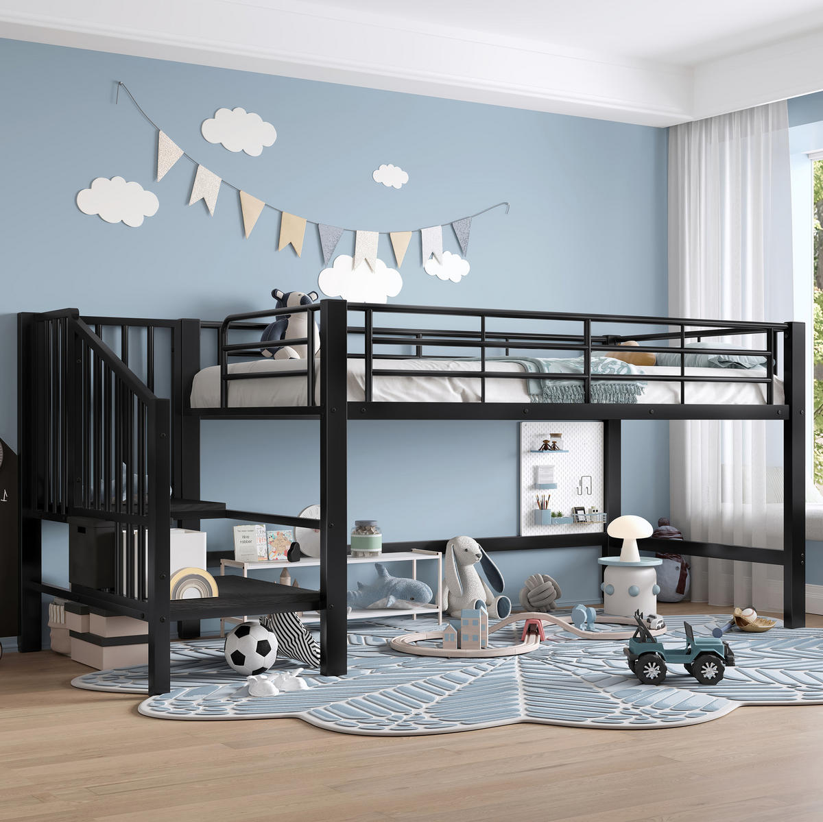 HOCHBETT aus MDF und Metall 90x200 cm Schwarz mit Stauraumtreppe und platzsparendem Design - Schwarz, Holzwerkstoff (90/200cm) - Modfu