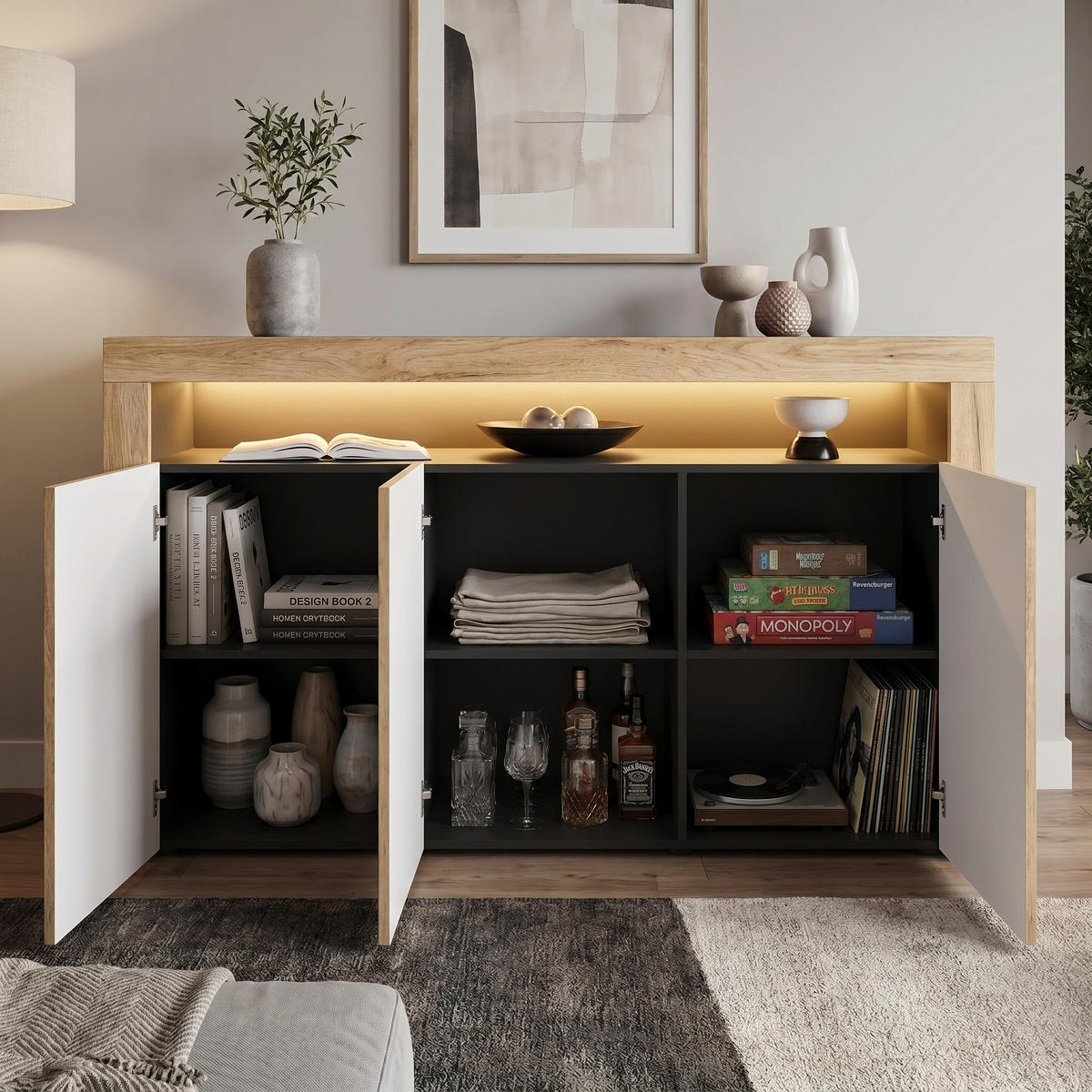KOMODA Valencia Crna mat/Hrast prirodni/Hrast prirodni (155 x 92 x 40 cm) - boje hrasta, drvni materijal (155/92/40cm) - Vladon