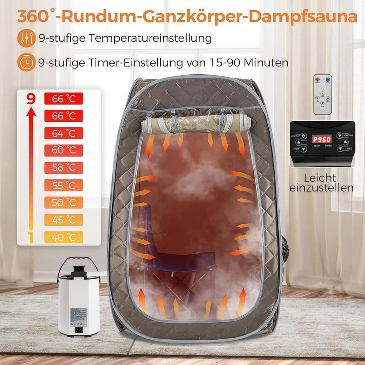 DAMPFSAUNA Tragbare grau - Grau, Textil (89/149/89cm) - COSTWAY