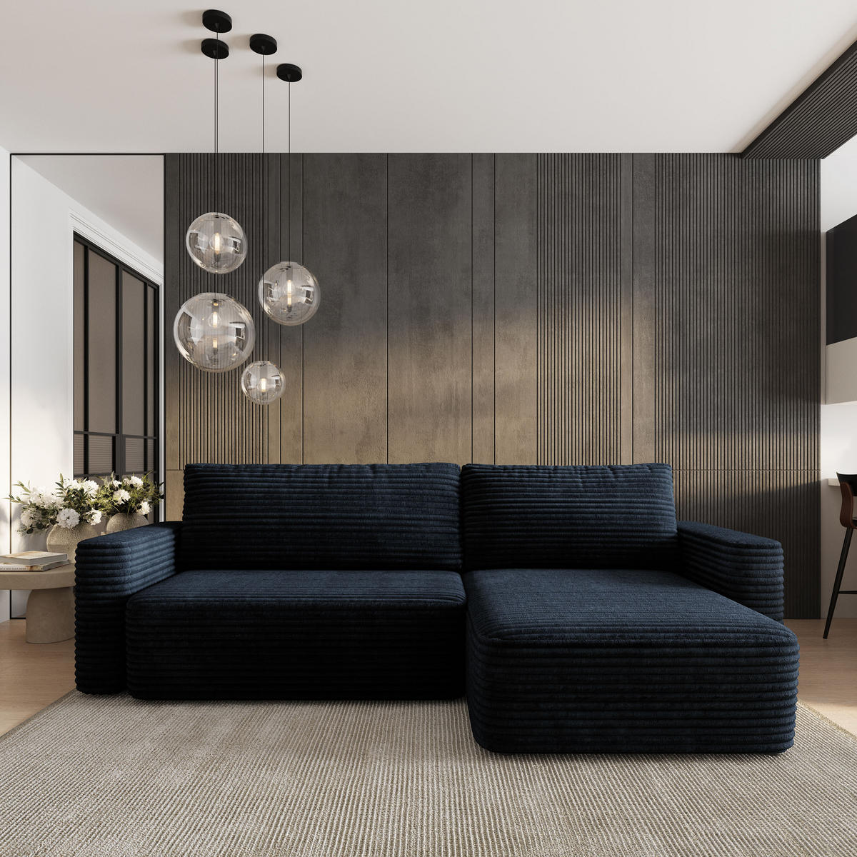 ECKSOFA TELIN Schwarz Kordstoff mit Schlaffunktion - Schwarz, Holz (280/162cm) - MASSENO