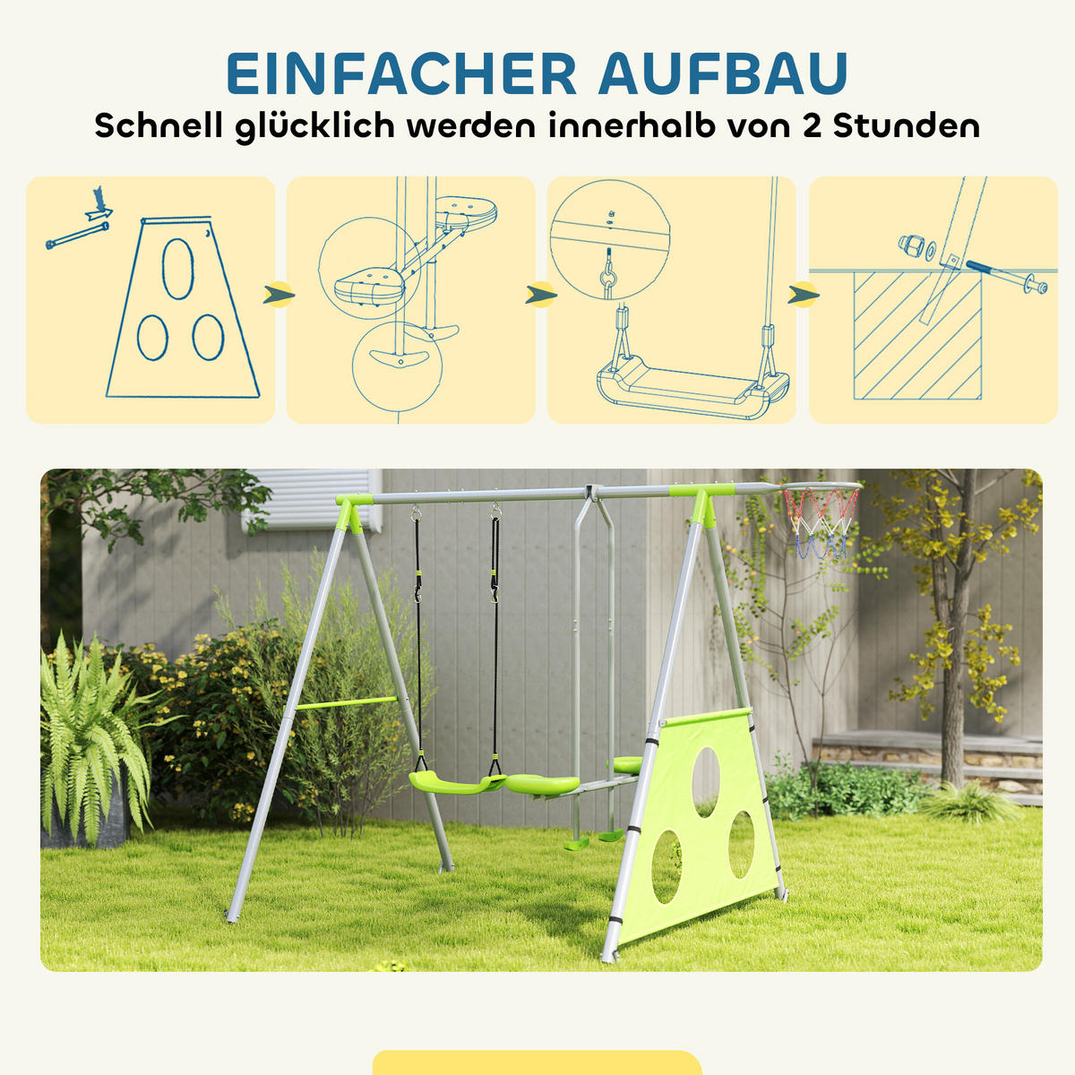 SCHAUKELGESTELL, 4 in 1 Outdoor Schaukelgerüst mit Schaukel, Metallgestell - Grün, Metall (180/215cm) - AIYAPLAY
