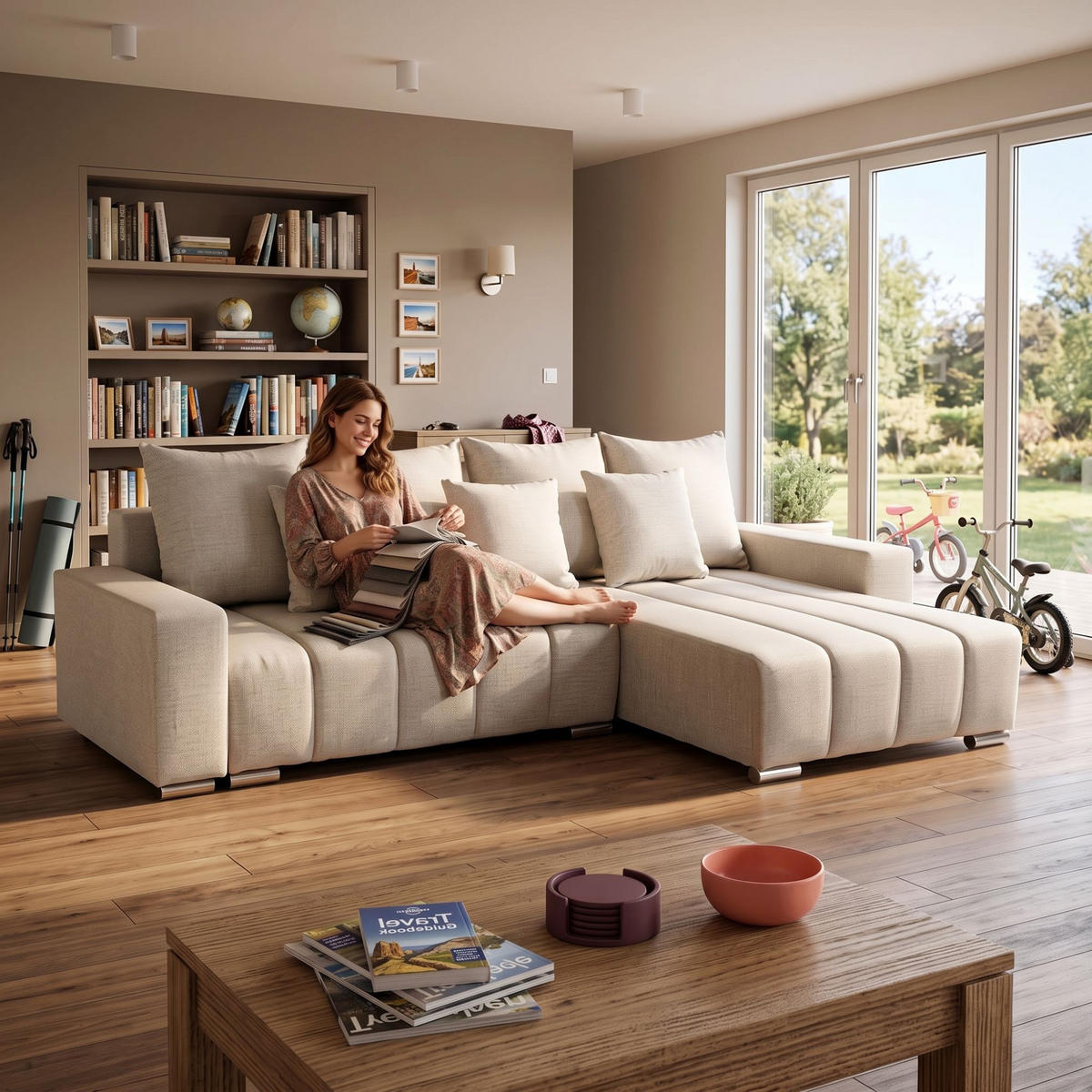 ECKSOFA Piano L Rechts mit Schlaffunktion 137x234 Velours Creme - Silberfarben/Creme, Holz/Textil (178/278cm) - Muffo