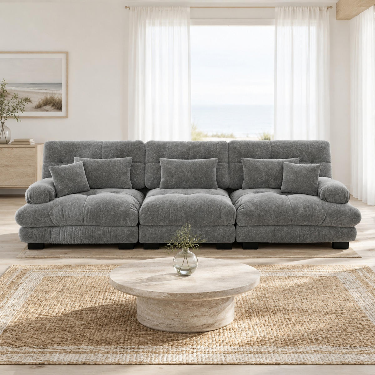 3-SITZER Sofa aus Chenille in Grau 313x77x81 cm mit tiefem Sitz - Grau, Textil (313/81/77cm) - IVMEU