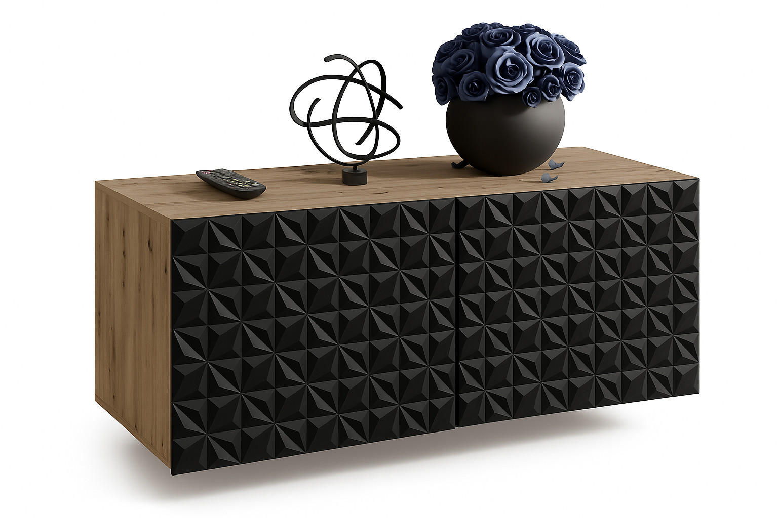 Meblini Tv-Schrank Eiche Artisan, Schwarz 100x115x40 cm