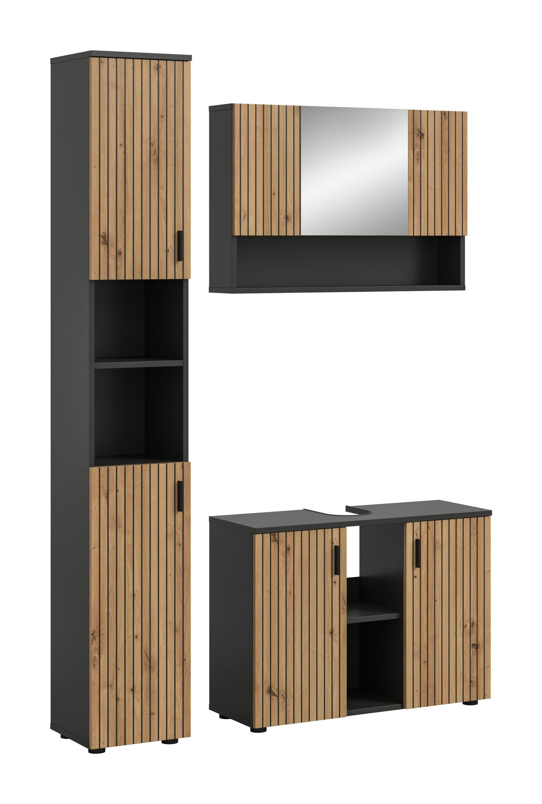 BADEZIMMER Mira 3-tlg. (B/H/T: ca. 125/192/30 cm) in Basalt grau/Artisan Oak - Grau, Holzwerkstoff (125/192/30cm)