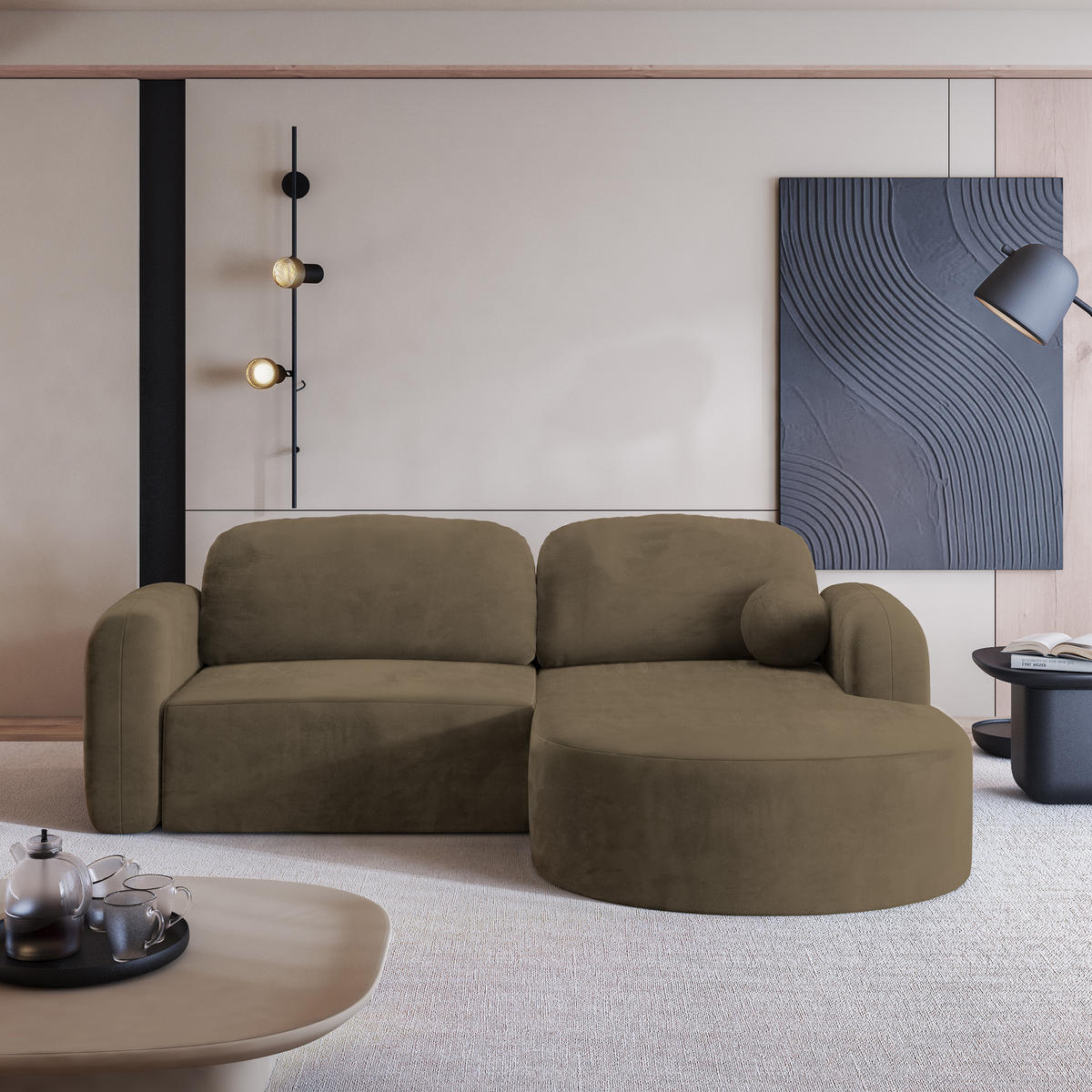 ECKSOFA AMILIA M R-S Beige Velours-Stoff mit Schlaffunktion - Beige, Holz (263/174cm) - MASSENO