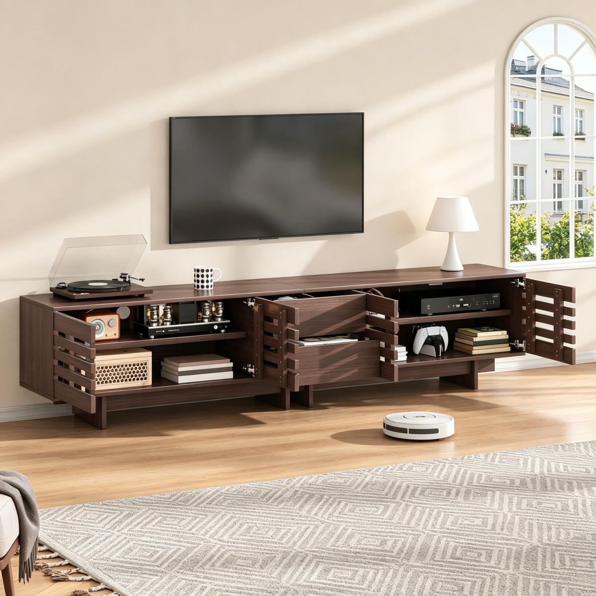 LOWBOARD in Walnussfarben TV-Schrank mit Schubladen für Fernseher bis zu 80 Zoll, B200/T39.5/H55 cm - Walnussfarben, Holzwerkstoff (200/55/39.5cm) - STILVORA
