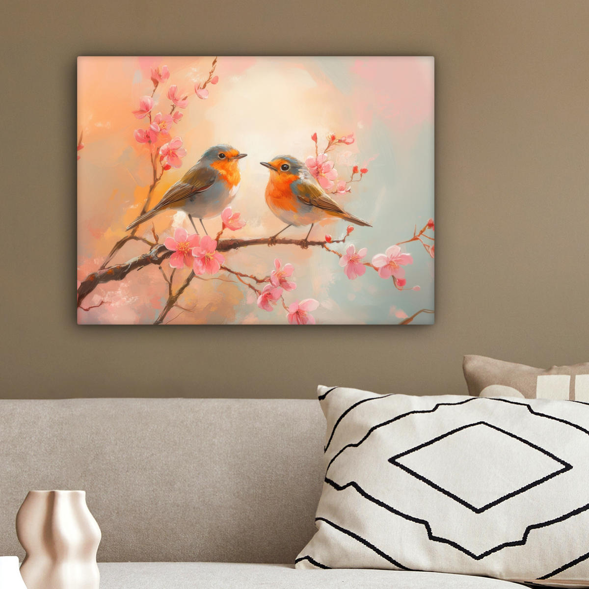 LEINWANDBILD Rotkehlchen - Zierpflanze - Blütenzweig 40x30 cm - Hellrosa, Textil (40/30cm) - MuchoWow