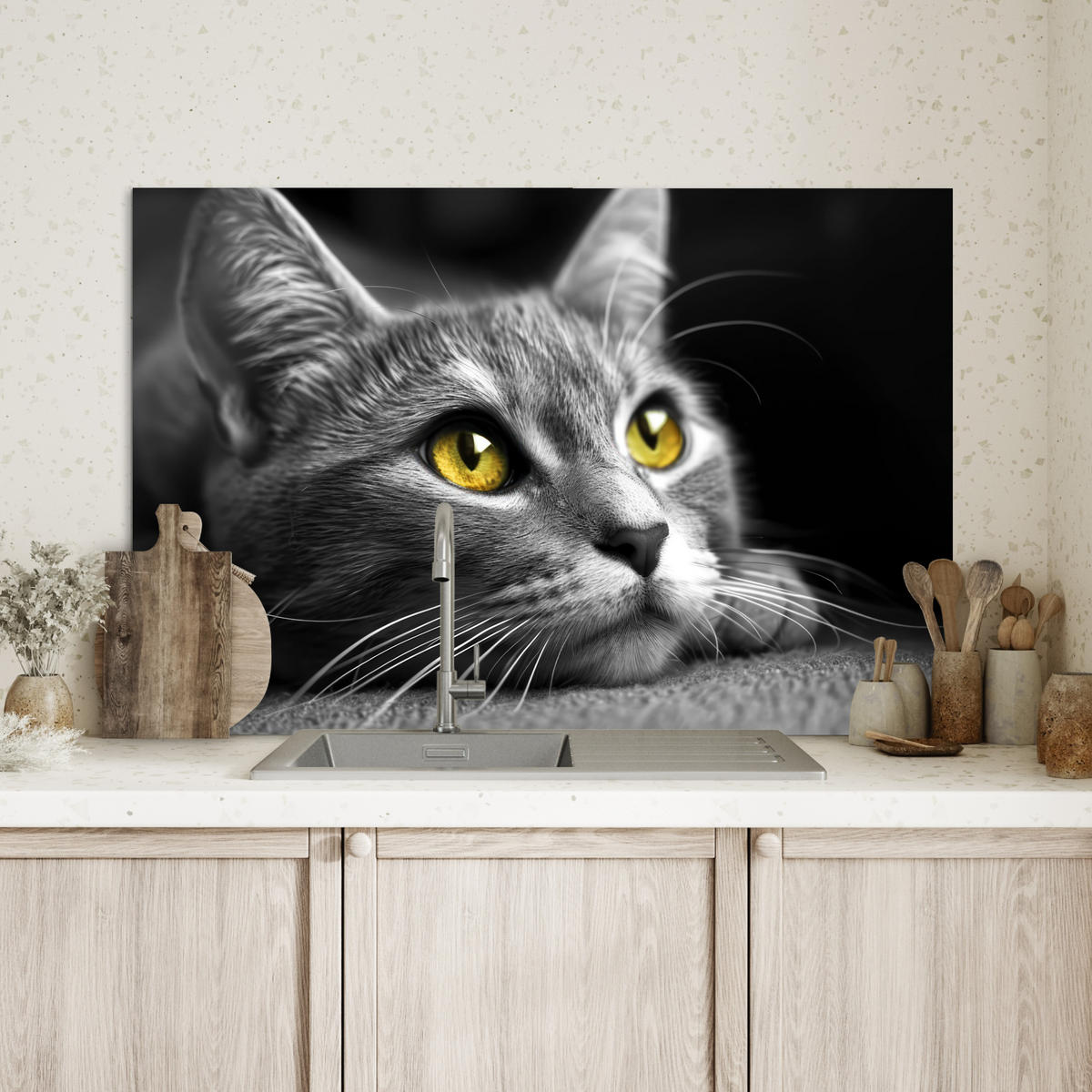 SPRITZSCHUTZ KÜCHE Katze - Grau - Tiere - Katze 80x55 cm - Grau, Metall (80/0.3/55cm) - MuchoWow