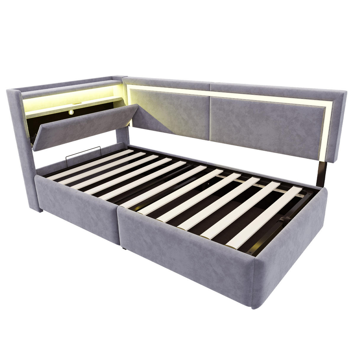 SAMT-POLSTERBETT 90/200 cm mit LED-Beleuchtung, USB und Bettkasten in Hellgrau - Hellgrau, Textil (90/200cm) - BEAOK