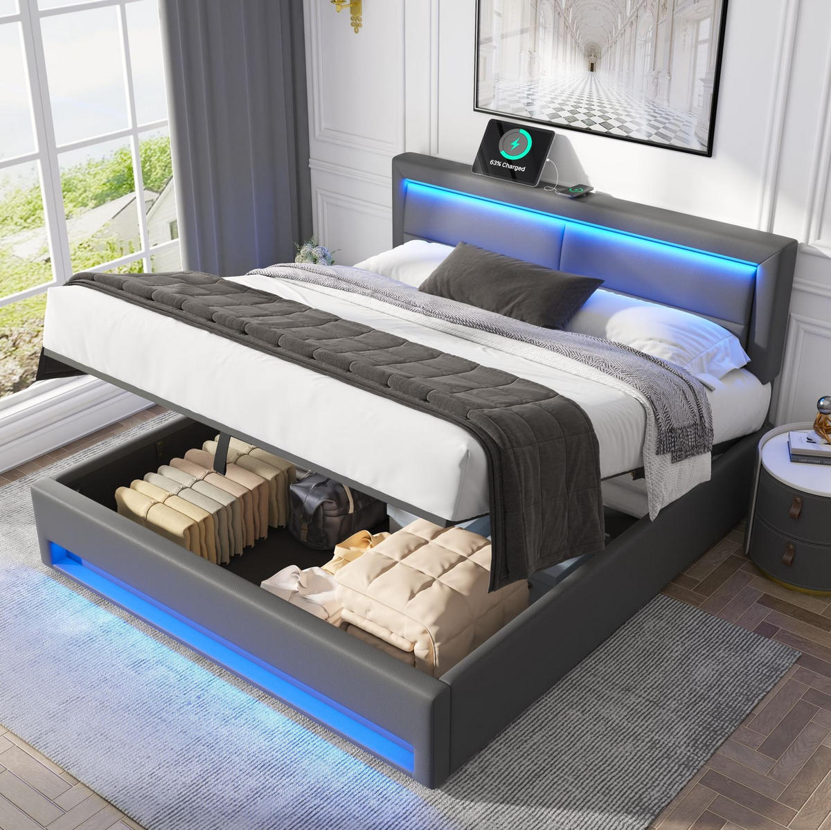 POLSTERBETT 160/200 cm mit LED-Beleuchtung, USB-Ladefunktion und Stauraum - Grau, Kunststoff (160/200cm) - BEAOK