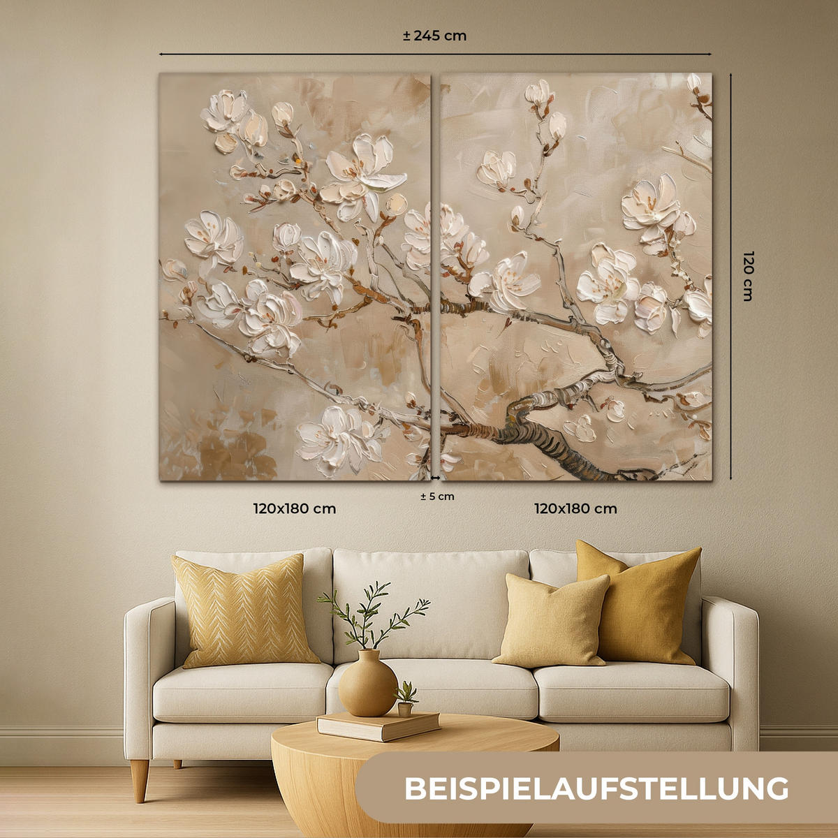 LEINWANDBILD 2er Set Beige - Blüte - Modern 240x180 cm - Beige, Textil (240/180cm) - MuchoWow