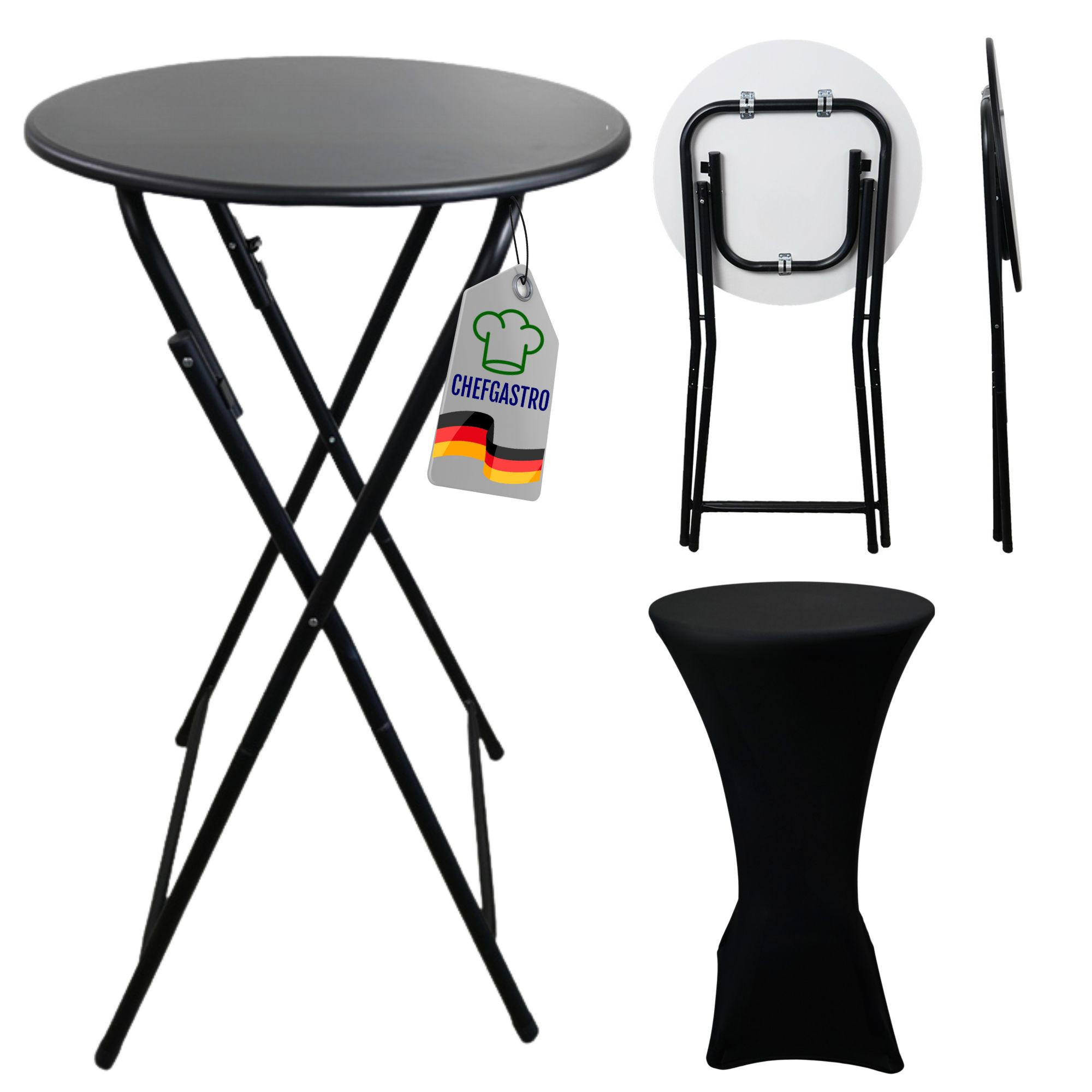 STEHTISCH mit Hussen klappbar HxØ 110x60cm MDF-Platte mit PVC-Beschichtung Schwarz - Schwarz, Metall (110/60/110cm) - CHEFGASTRO