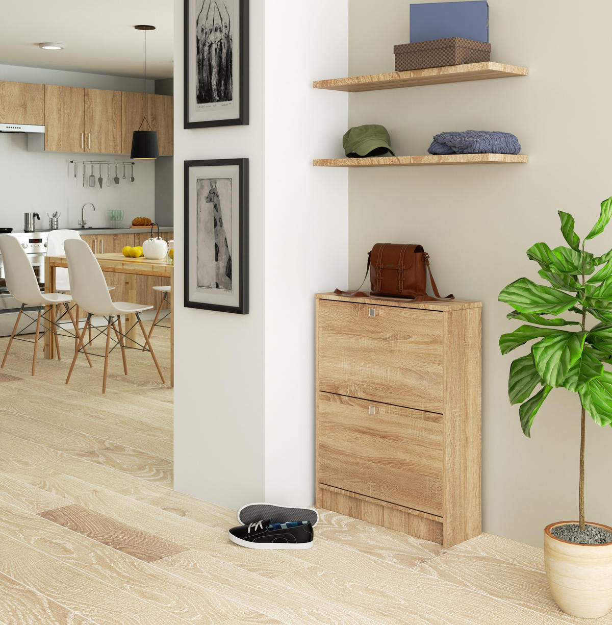 SCHUHSCHRANK Sonoma Eiche 60x20x80 cm - Silberfarben/Sonoma Eiche, Holzwerkstoff/Metall (60/80/20cm) - Akord