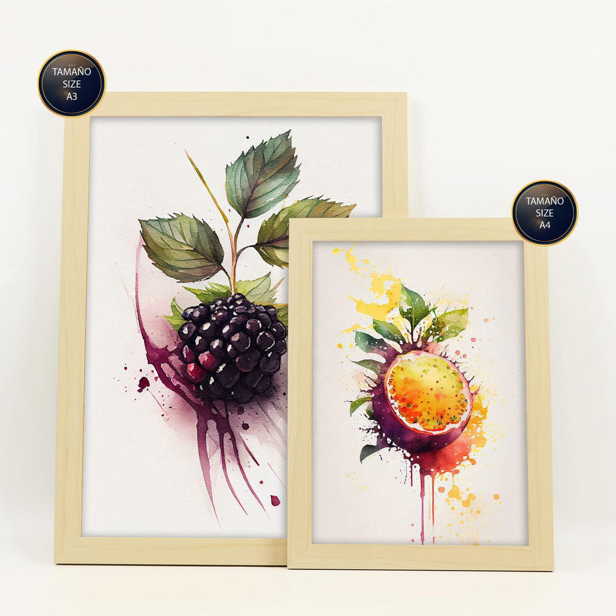 POSTER Set Mit 6 Beeren & Pfirsiche Plakate Von Obst Gemüse & Gesunden Lebensmitteln Im Aquarell Kunst Auf Reinweißen A3 & A4 Rahmen Aus Hellem Holz - Beige, Papier (29/3cm) - Nacnic