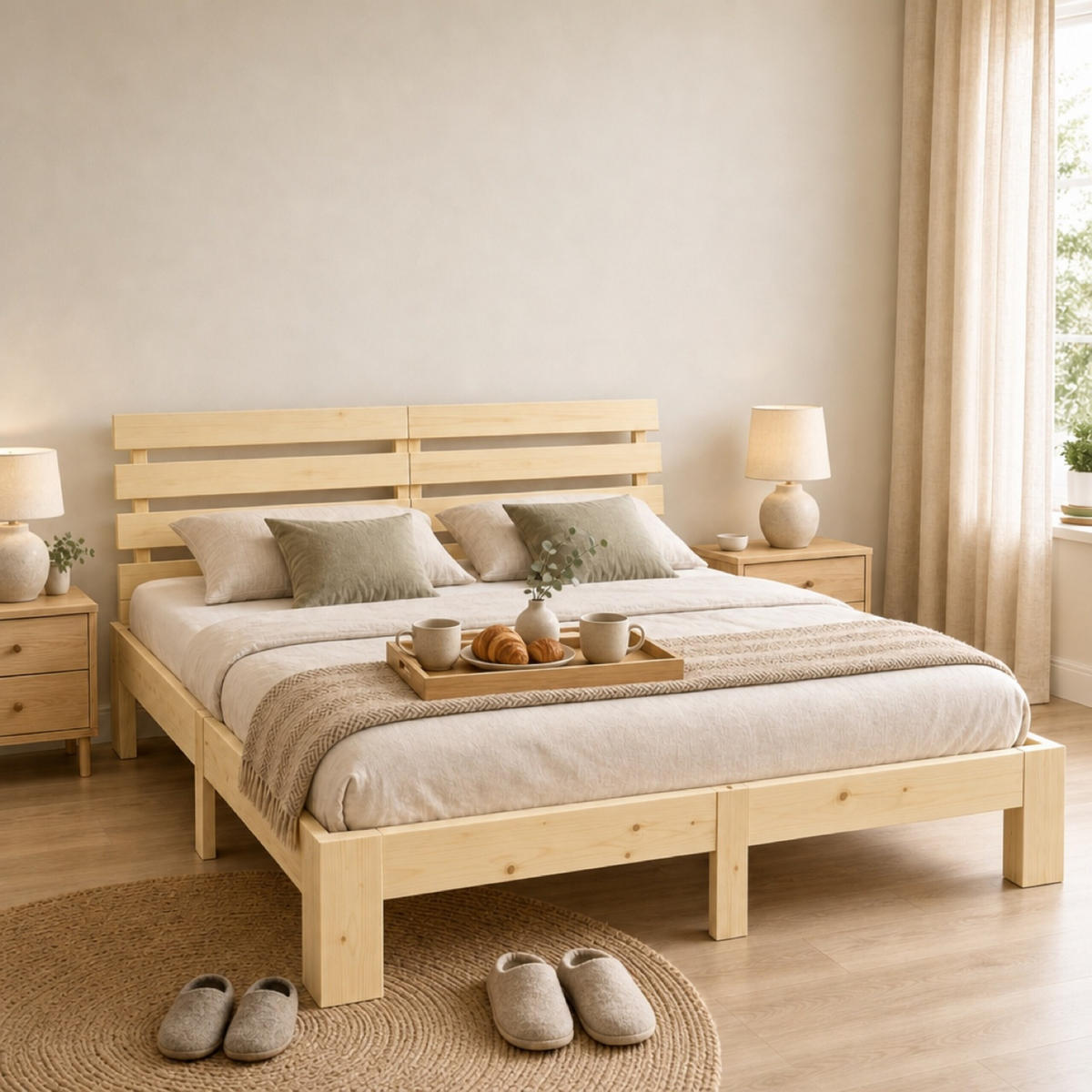 BETT Natur Massivholz mit Lattenrost 160x200 cm - Hellbraun, Holz - Relaxdays