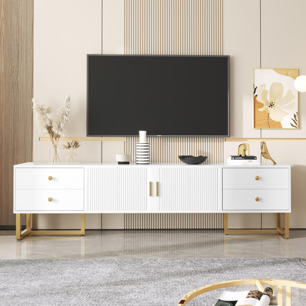 TV Lowboard 175 cm, 4 Schubladen, goldene Metallfüße, Weiß - Weiß, Holz (175/46/30cm)