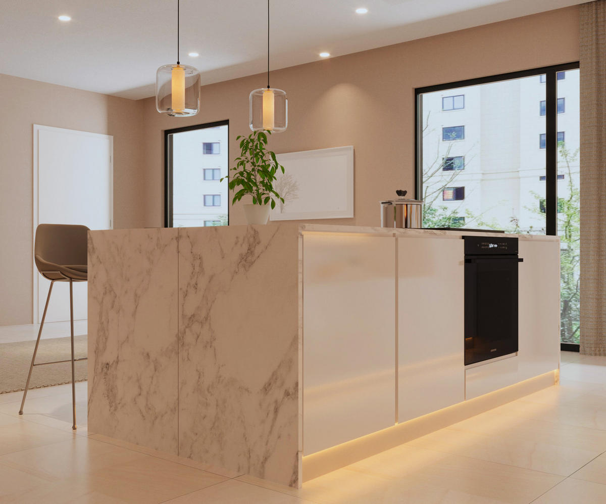 INSELKÜCHE-KÜCHENZEILE 420 cm Glanzia – KU-S13 – Weiß – Hochglanz - Weiß Hochglanz, Holzwerkstoff (420/212/60cm)