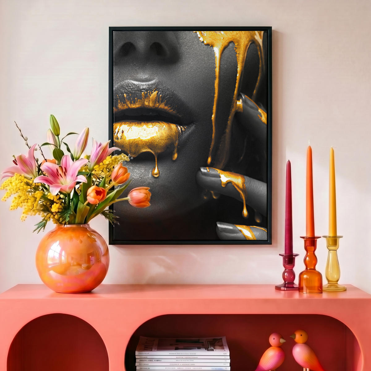 LEINWAND Bilder mit Rahmen - Frau - Schwarz - Gold - Gesicht - Lippen - 30x40 - Goldfarben, Textil (30/40cm) - MuchoWow