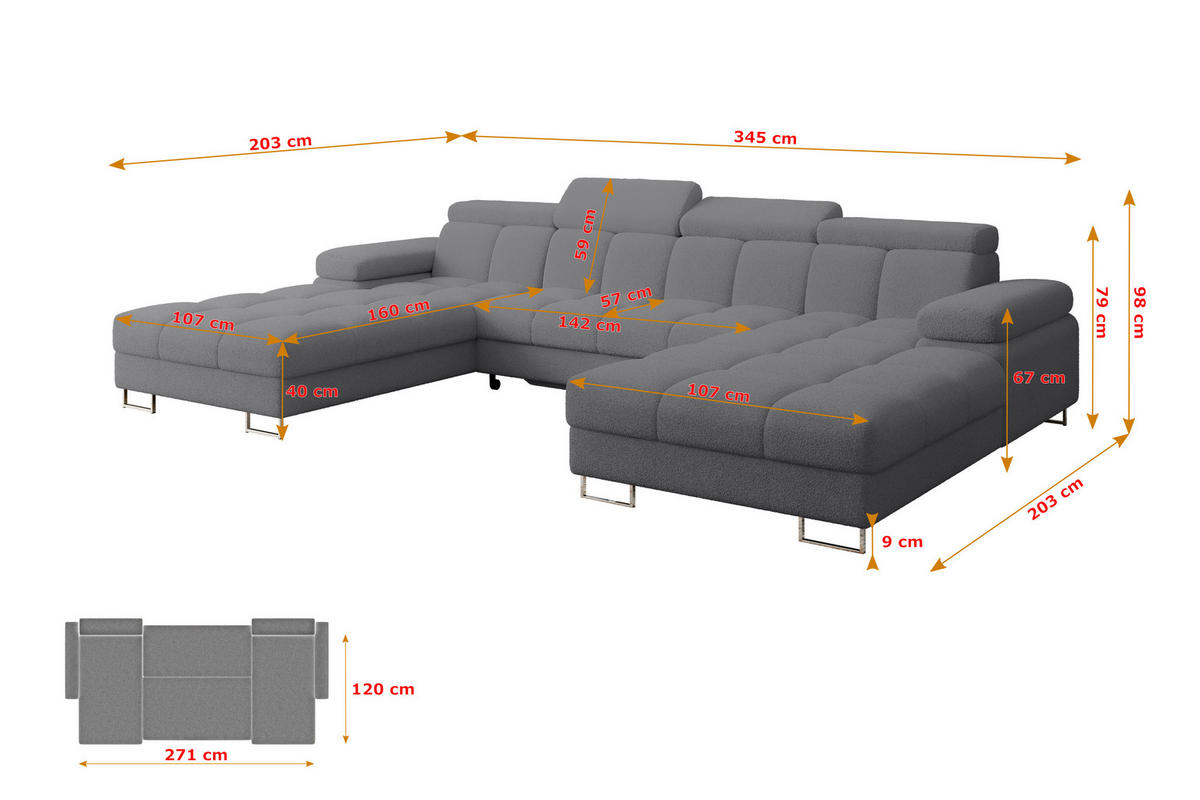WOHNLANDSCHAFT mit Schlaffunktion und Bettkasten COMA U2 345x203x79 Grau Bouclé - Chromfarben, Holzwerkstoff/Textil (345/79/203cm) - ALTDECOR