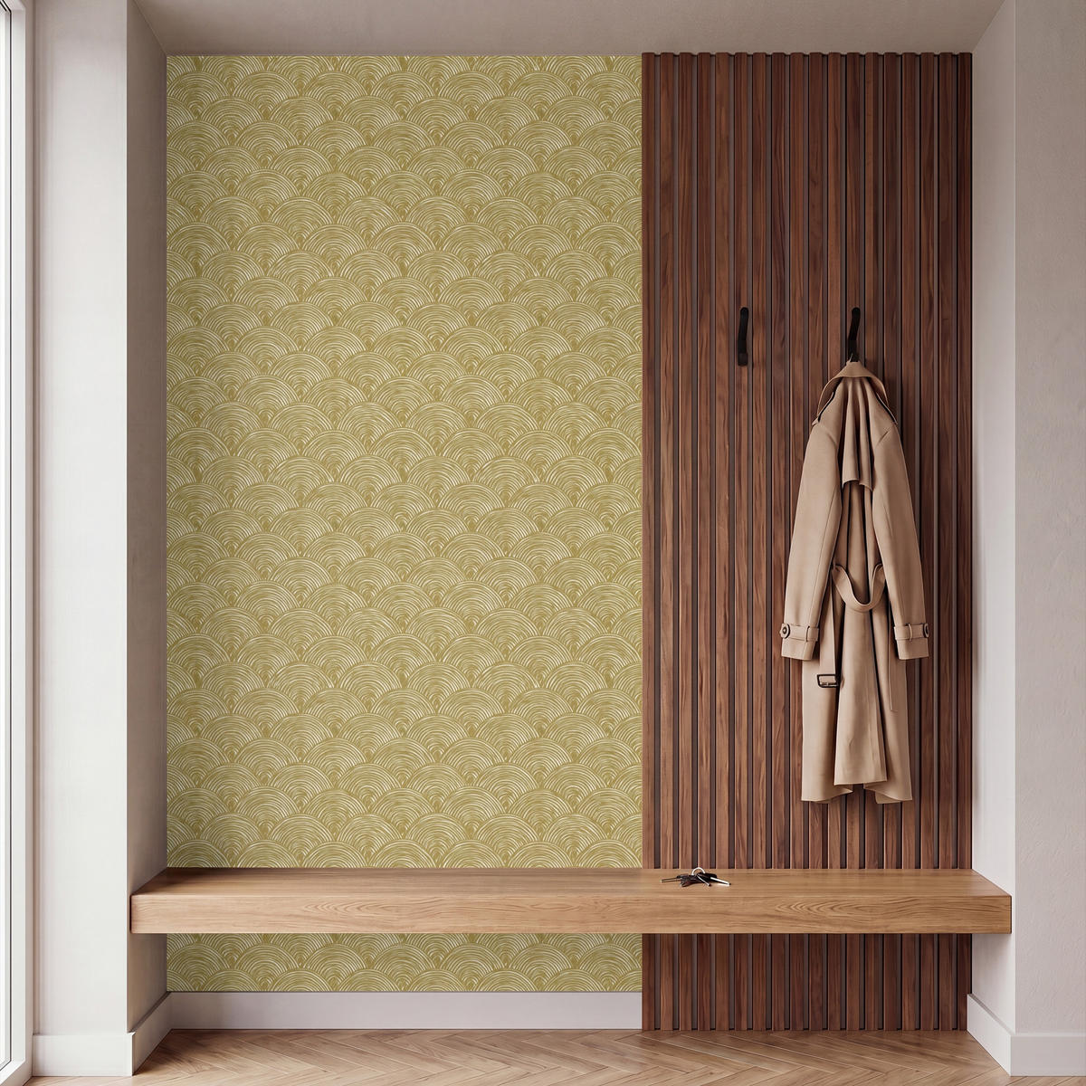TAPETE - Fächer - Geometrisch - Grün - 140x300 cm - Goldfarben, Papier (140/300cm) - OnlyWow