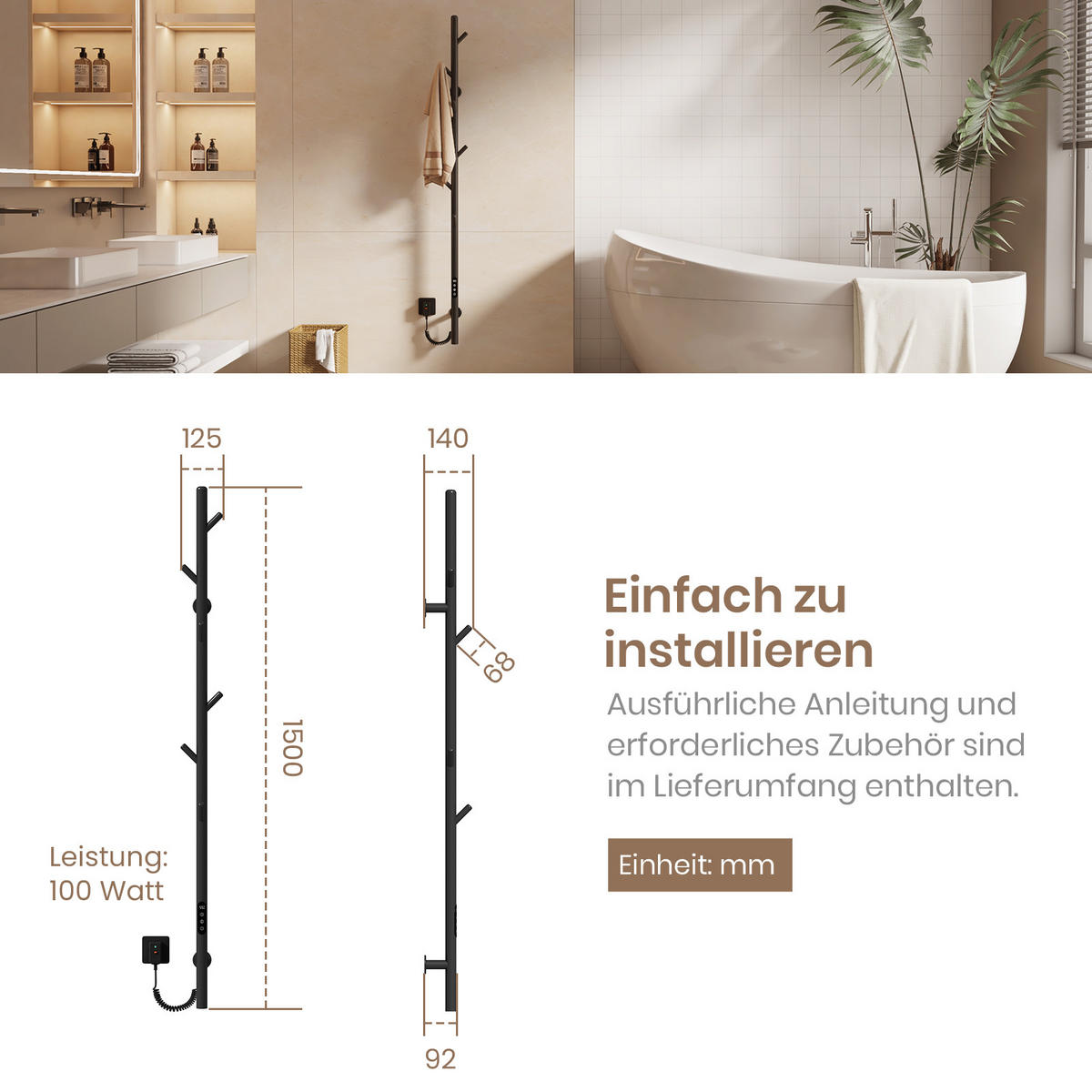 HANDTUCHHEIZKÖRPER Baumheizkörper WLAN Schwarz 150 cm - Schwarz, Metall (12.5/150/14cm) - EMKE