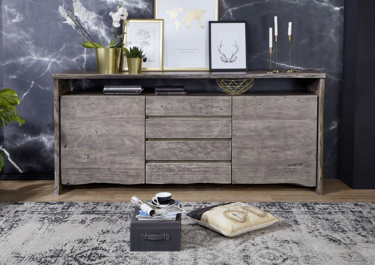 SIDEBOARD Akazie210x45x96 grau lackiert PURE ACACIA #901 - Grau, Holz (210/96/45cm) - Massivmoebel24