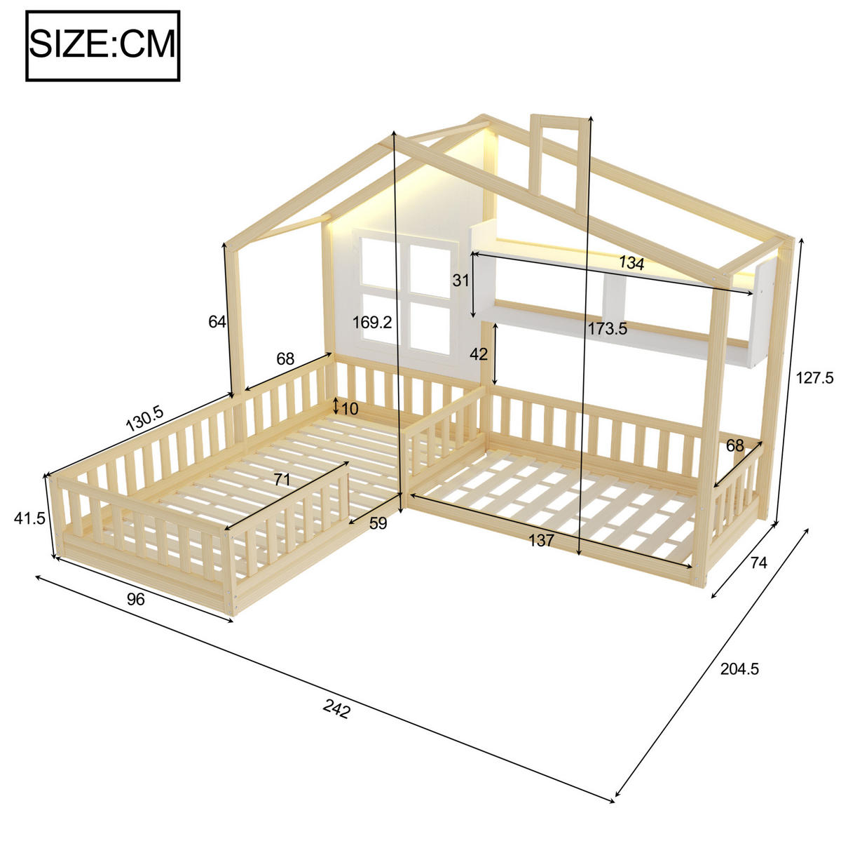 HAUSBETT 90/200 cm in Natur/Weiß aus Massivholz/MDF mit LED und Regalen - Naturfarben, Holz (90/200cm) - OKMYHOME