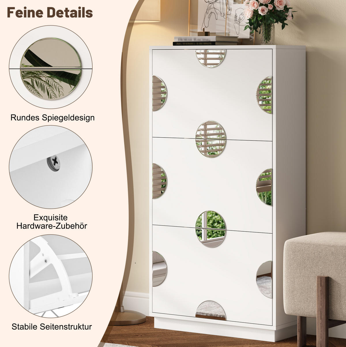 SCHUHSCHRANK 63/120/24 cm Weiß aus MDF mit 3 Klappen und Spiegel - Weiß, Holzwerkstoff (63/120/24cm) - OKMYHOME