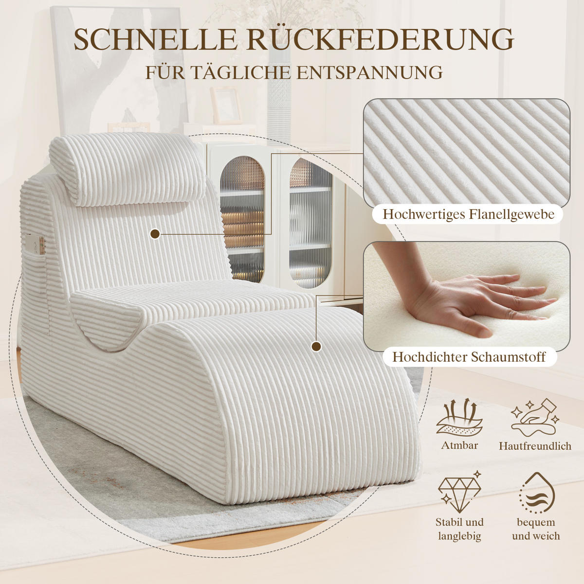 RELAXSESSEL 160/66/90 cm Beige aus Cord mit Seitentasche und Sitzkissen - Beige, Textil (66/90/160cm) - OKWISH