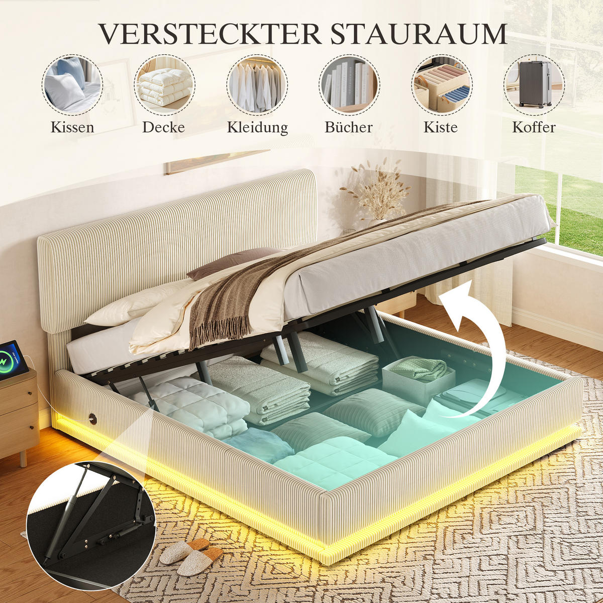 POLSTERBETT 180/200 cm in Beige Cord mit Stauraum, LED und USB-C - Beige, Holzwerkstoff/Textil (180/200cm) - WISHDOR
