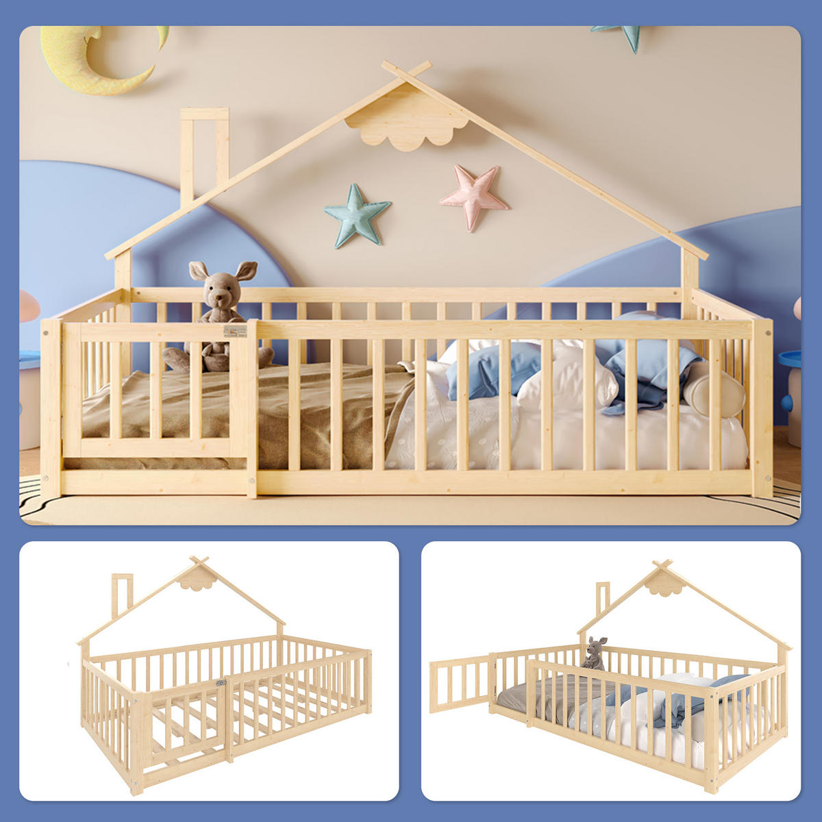 FLACHBETT 90/190 cm Natur Kiefernholz mit Geländer und Schloss - Naturfarben, Holz (90/190cm) - OKWISH