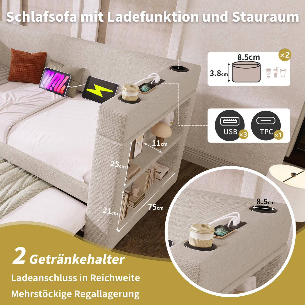 POLSTERBETT 90/190 cm mit Ausziehbett, USB- und Type-C-Anschluss, Getränkehaltern und Ablagen, Beige - Beige, Textil (90/190cm) - Redom