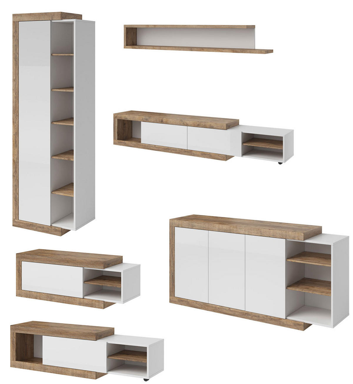 WOHNZIMMER-SET Saragossa 5-teilig weiß Hochglanz / Samdal Eiche - Weiß Hochglanz/Braun, Holz/Holzwerkstoff (227/60/200cm) - Feldmann-Wohnen