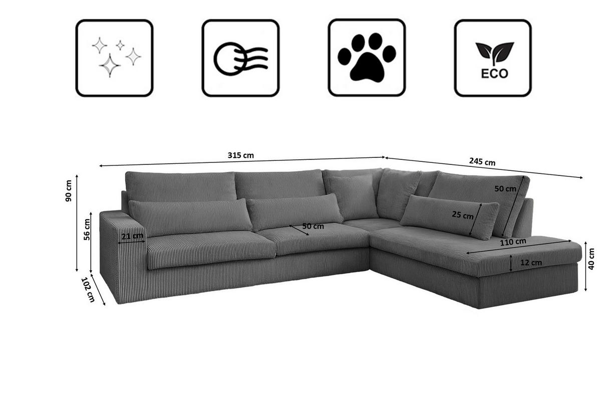 ECKSOFA L-Form SVEN Stoff Poso Taubengrau Rechts - Grau, Textil (315/245cm) - Kaiser Möbel