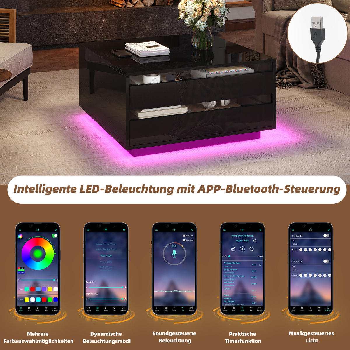 COUCHTISCH aus Spanplatte 70x70x38 cm Schwarz mit LED-Beleuchtung, Hubplatte und Stauraum - Schwarz, Holzwerkstoff (70/70/38cm) - IVMEU