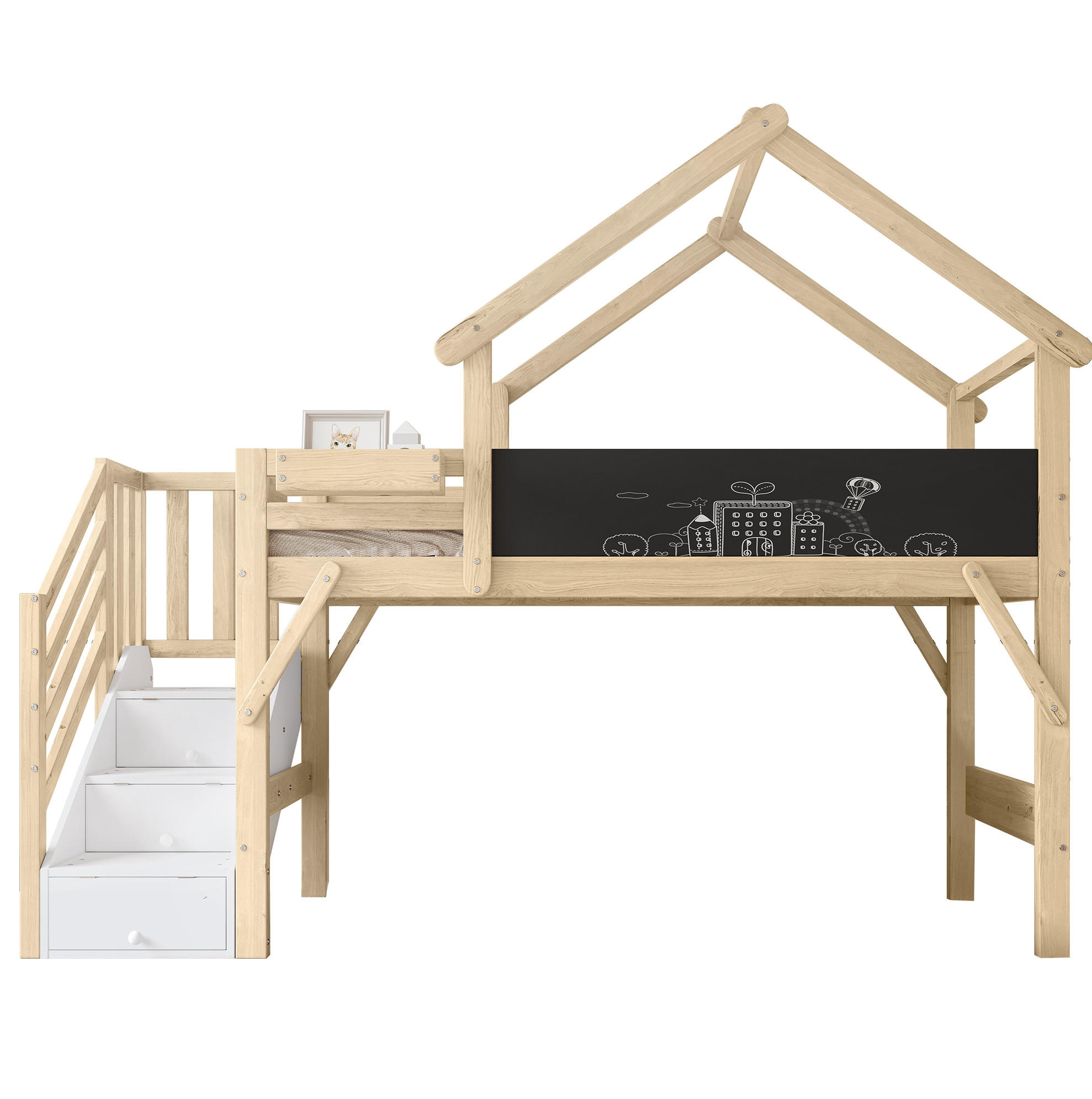 HAUSBETT 90/200 cm mit Stauraumtreppe und Tafel in Weiß/Natur - Weiß, Holzwerkstoff (90/200cm) - BEAOK