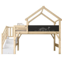 HAUSBETT 90/200 cm mit Stauraumtreppe und Tafel in Weiß/Natur - Weiß, Holzwerkstoff (90/200cm) - BEAOK