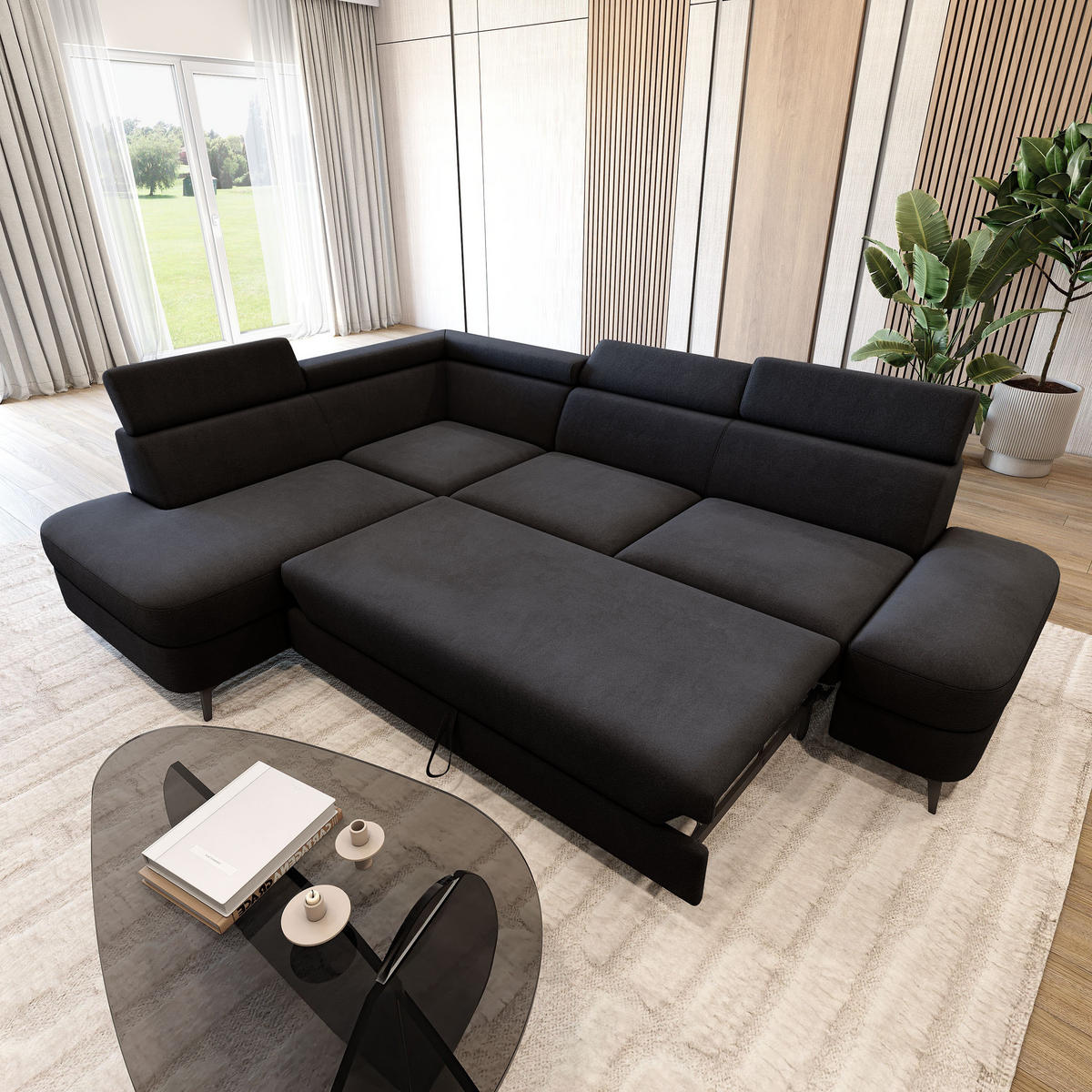 ECKSOFA AVISE MV L-S Schwarz Velours-Stoff mit Schlaffunktion - Schwarz, Holzwerkstoff/Textil (268/195cm) - MASSENO