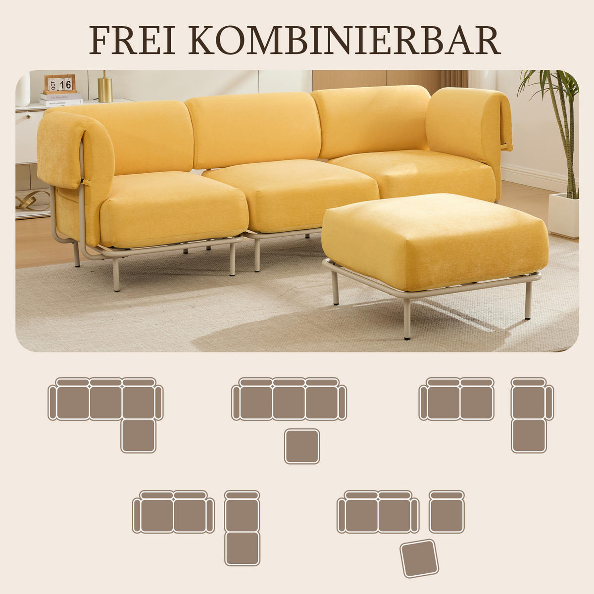 ECKSOFA 251/155/78 cm Senfgelb Chenille mit 1 Fußhocker - Currygelb/Grau, Textil (155/251cm) - Oxeza