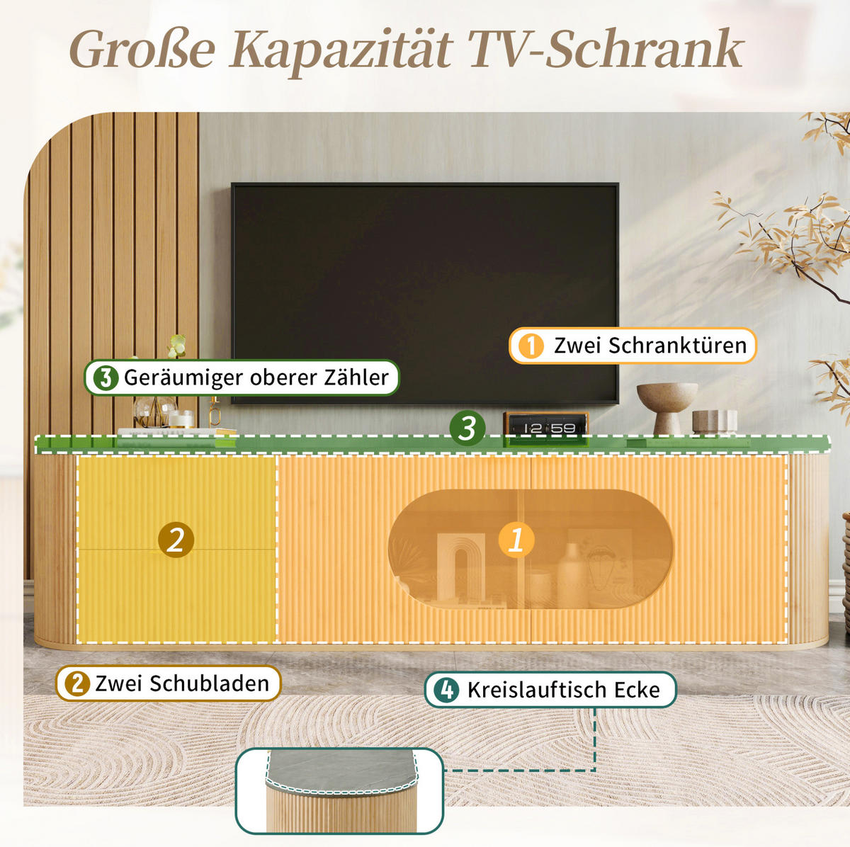 TV-SCHRANK aus MDF und Glas 172x38x45,5 cm Natur mit Stauraum, ovaler Glasvitrine und 3D-Türfronten - Hellbraun, Holzwerkstoff (172/45.5/38cm) - Modfu
