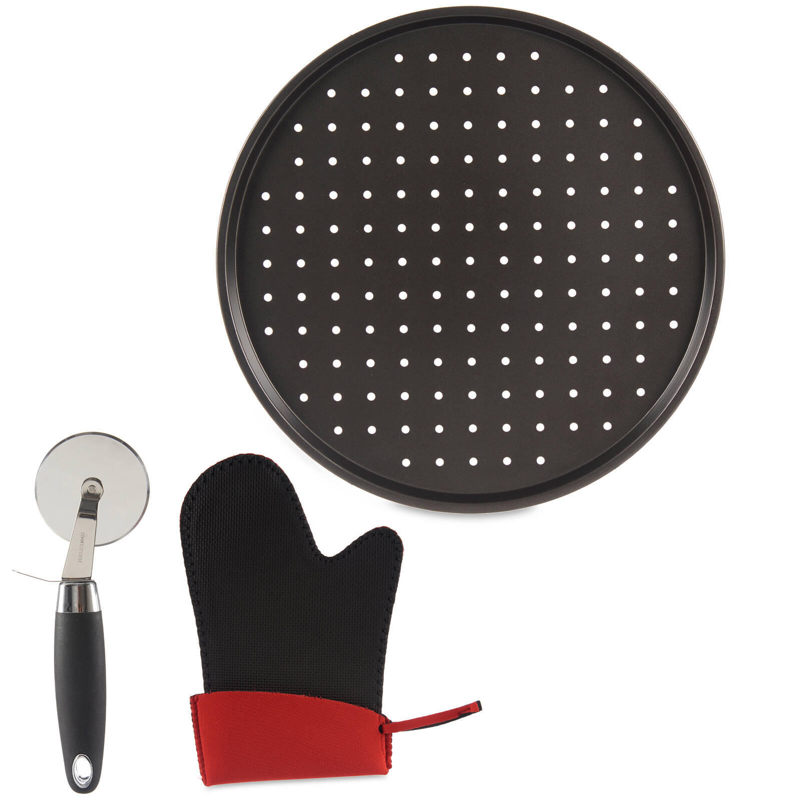 PIZZA-SET Blech 32 cm mit Pizzamesser und Handschuh - Anthrazit, Metall (33/2/33cm) - Kinvara
