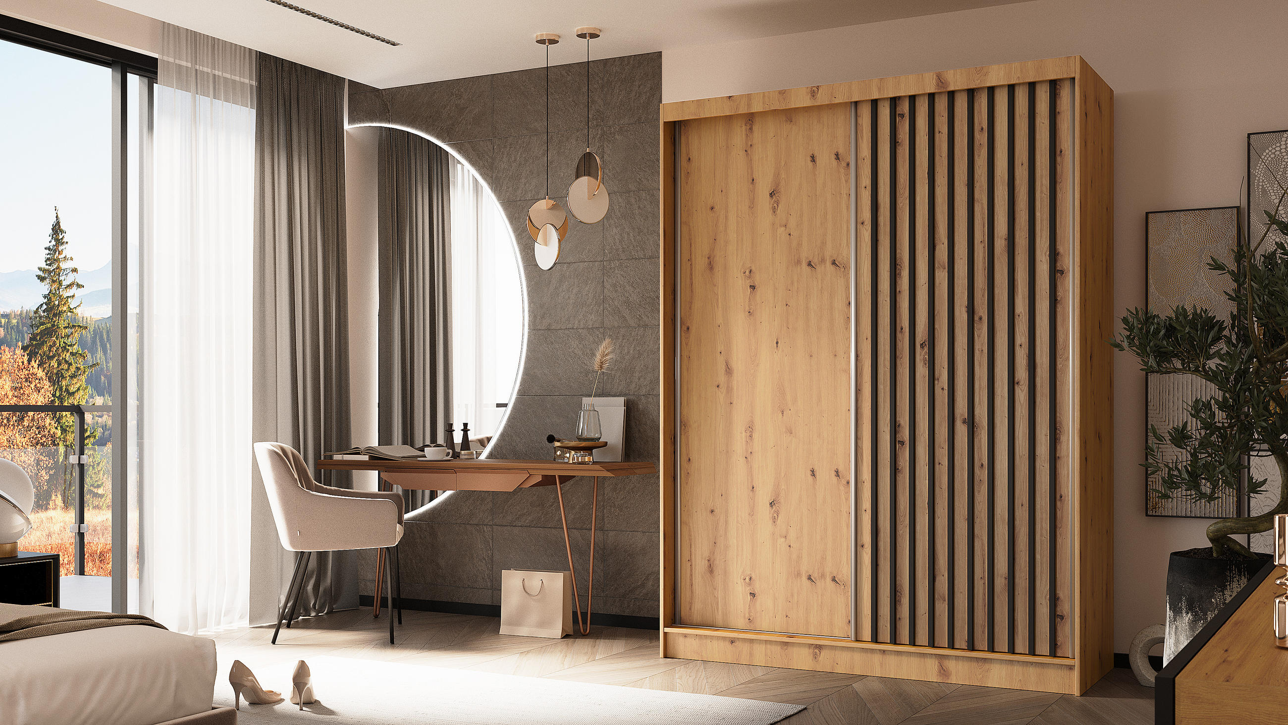KLEIDERSCHRANK mit furnierten Schiebetüren und Aluminium-Leisten, LED-Beleuchtung - LABELO - 160 cm Artisan+Artisan+Schwarz - Schwarz/Eiche Artisan, Holzwerkstoff (160/216/61cm) - ALTDECOR