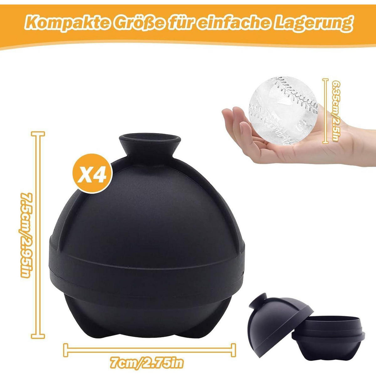 EISWÜRFELFORM Set Baseball 6 cm - Schwarz, Kunststoff (7/7.5/7cm)