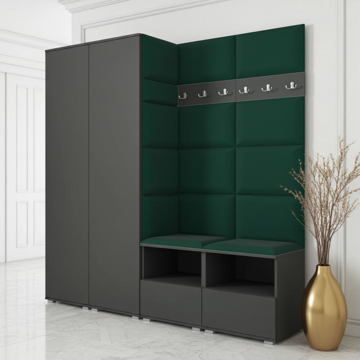 GARDEROBE NELA VI 200 cm (Kompaktgarderobe Graphit mit Sitzpolster Flaschengrün 28 Schrank & Paneel) - Dunkelgrün/Silberfarben, Holz/Holzwerkstoff (200/187/40cm) - Ravio