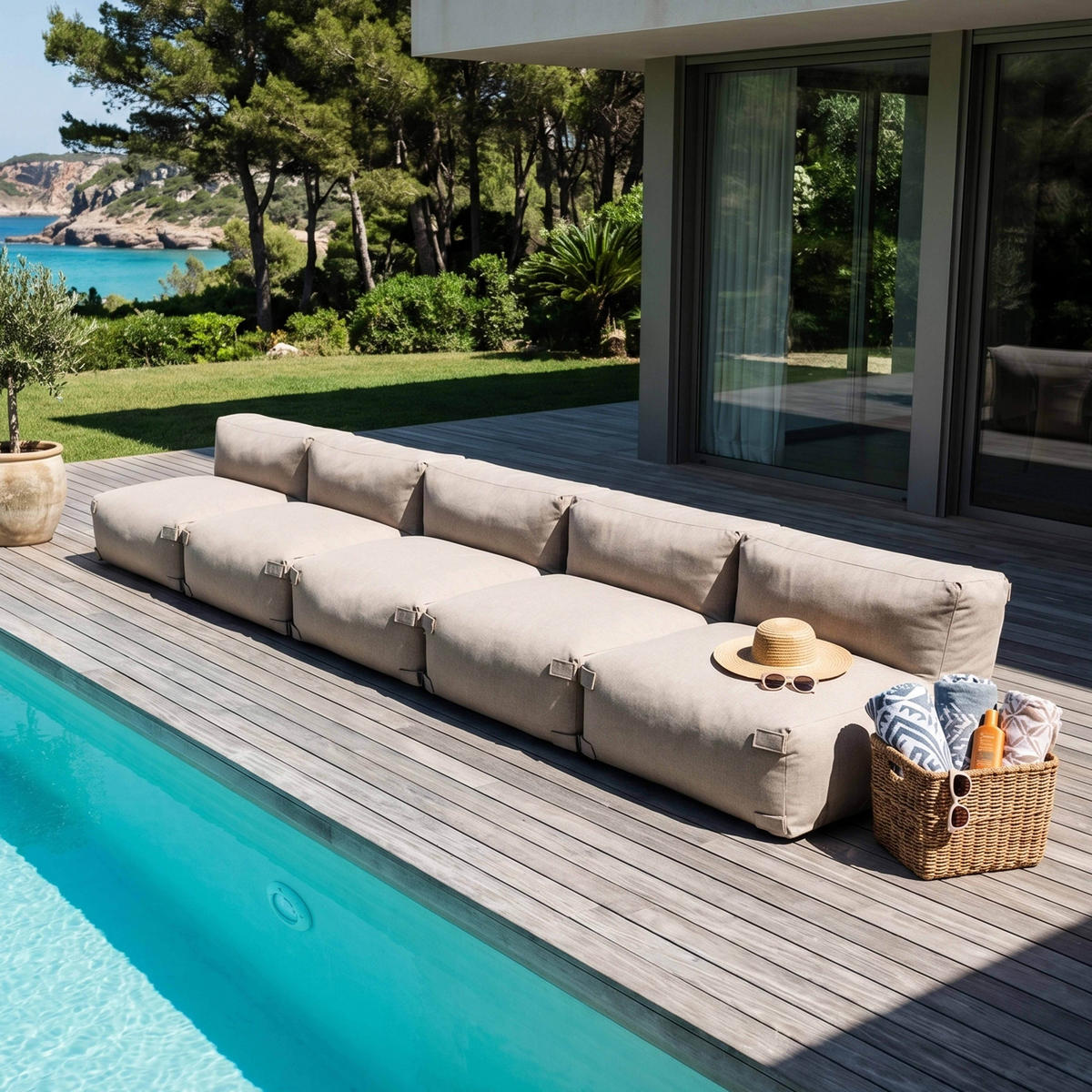GARTENSOFA mit 5 Sitzplätzen, Sandfarbe - Gelb, Textil - Oviala