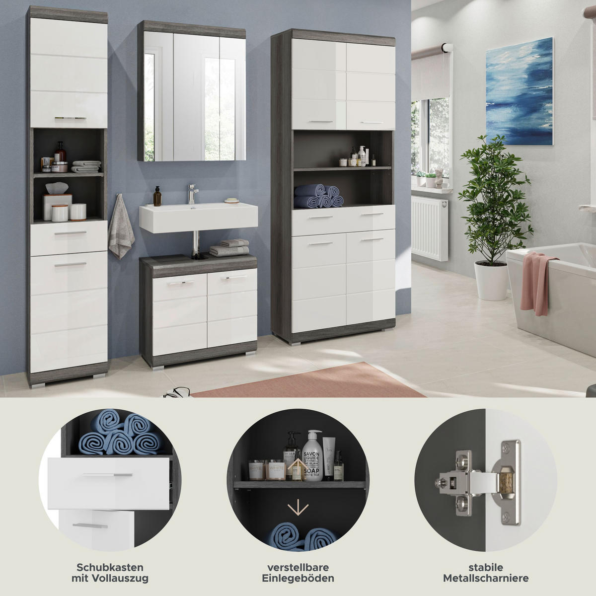 BADKOMBINATION 4tlg. Scout Bad in Rauchsilber Nachbildung und weiß hochglanz B/H/T: 186x191x34 cm - Anthrazit, Holz (186/191/34cm)