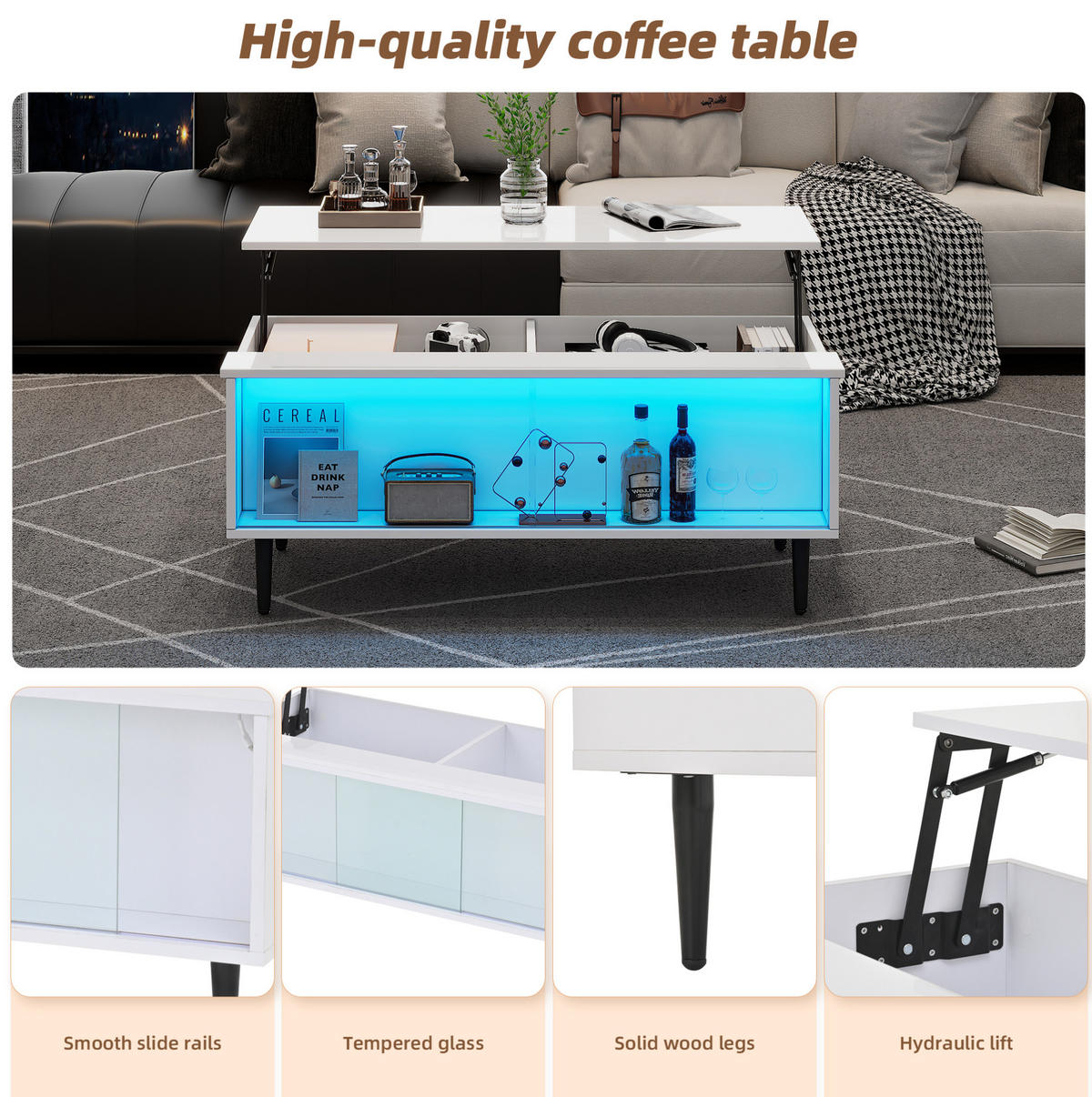 COUCHTISCH 105/50/43 cm weiß aus Spanplatte und gehärtetem Glas mit Höhenverstellung und LED-Licht - Weiß, Holzwerkstoff (105/50/43cm) - OKMYHOME